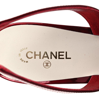 Chanel Laminated Calfskin Lambskin Cap Toe CC Slingback Pumps 40 Red Ivory 9 of 12