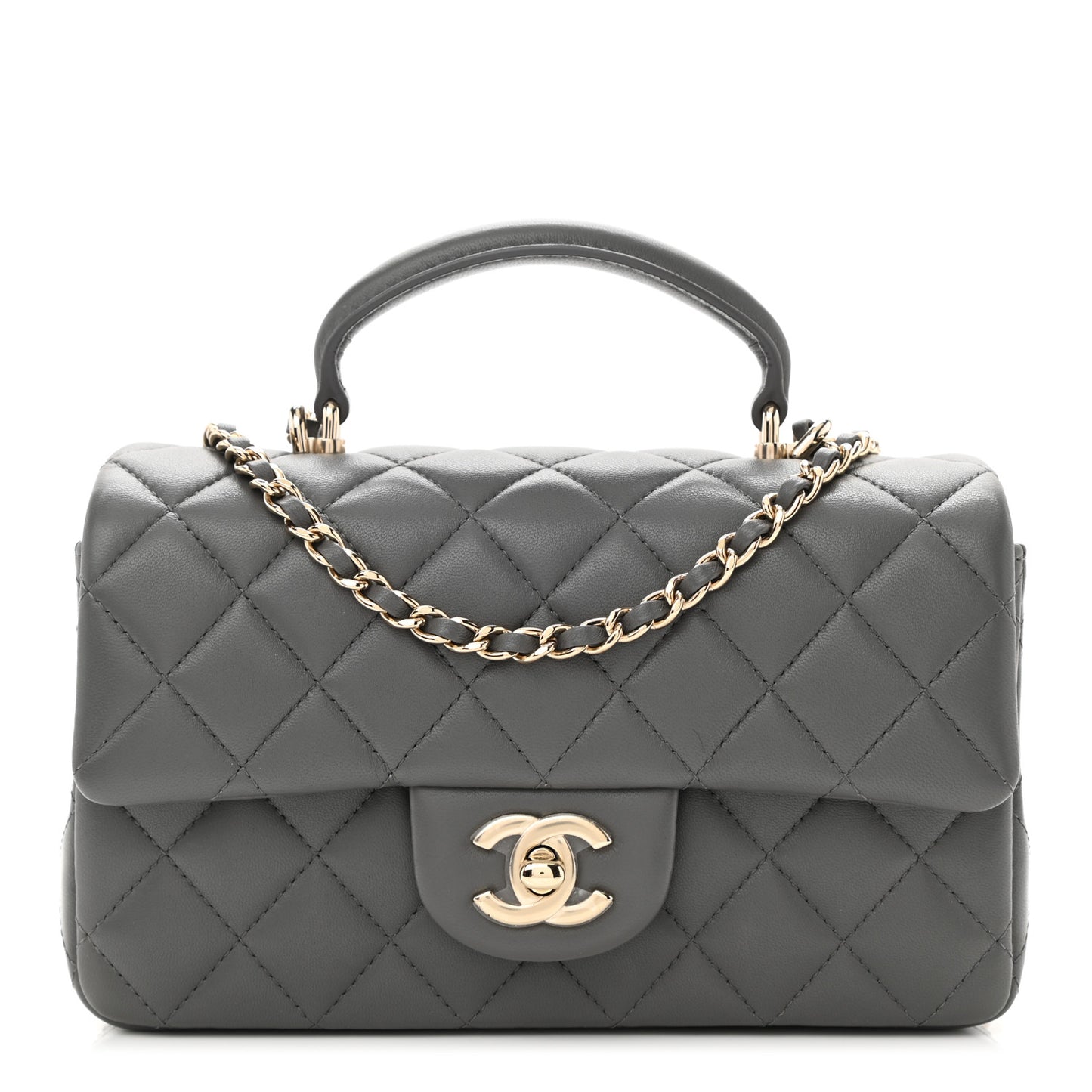 Lambskin Quilted Mini Top Handle Rectangular Flap Dark Grey