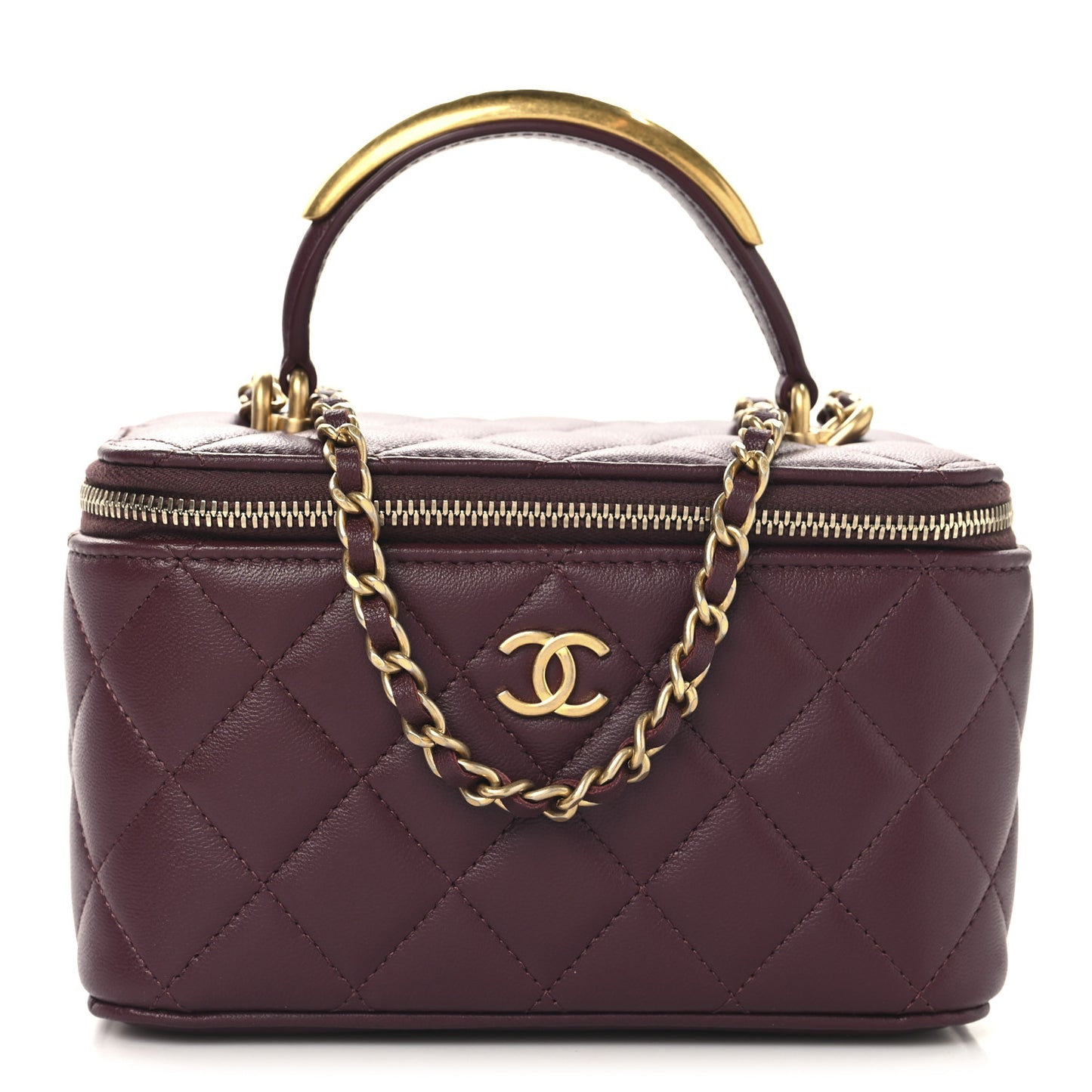 Lambskin Quilted Metal Small Top Handle Vanity Case With Chain Burgundy