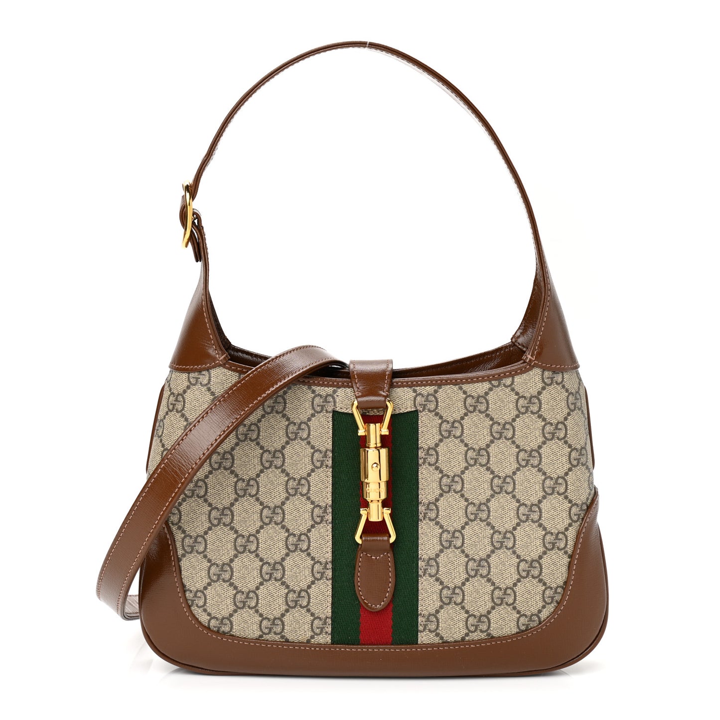 GG Supreme Monogram Azalea Calfskin Web Small Jackie 1961 Hobo Beige Ebony Brown Sugar