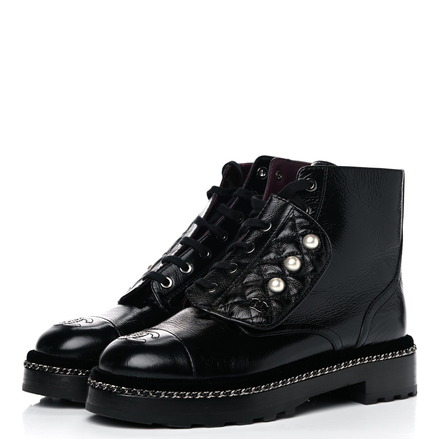 Crackled Calfskin Velvet Pearl Combat Short Boots 38 Black