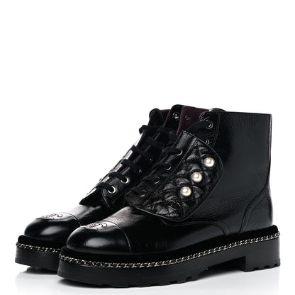 Chanel Crackled Calfskin Velvet Pearl Combat Short Boots 38 Black 3 of 14