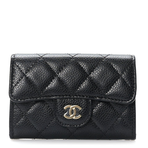 Caviar Quilted Flap Card Holder Wallet Black
