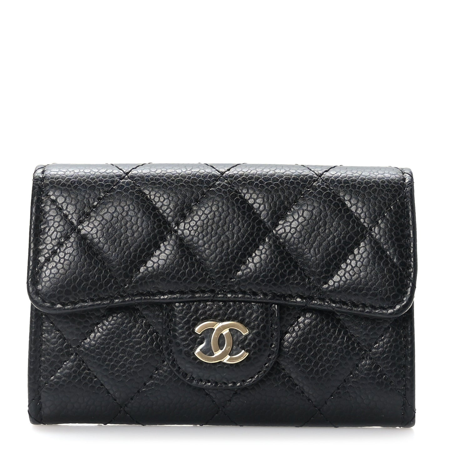 Caviar Quilted Flap Card Holder Wallet Black