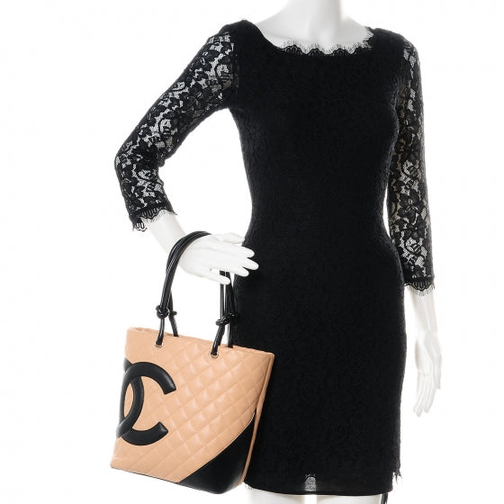 Chanel Calfskin Quilted Small Cambon Tote Beige Black 2 of 8
