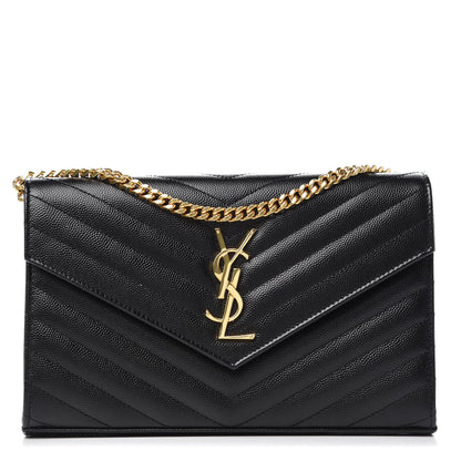 Saint Laurent Grain De Poudre Matelasse Chevron Monogram Chain Wallet Black 1 of 7