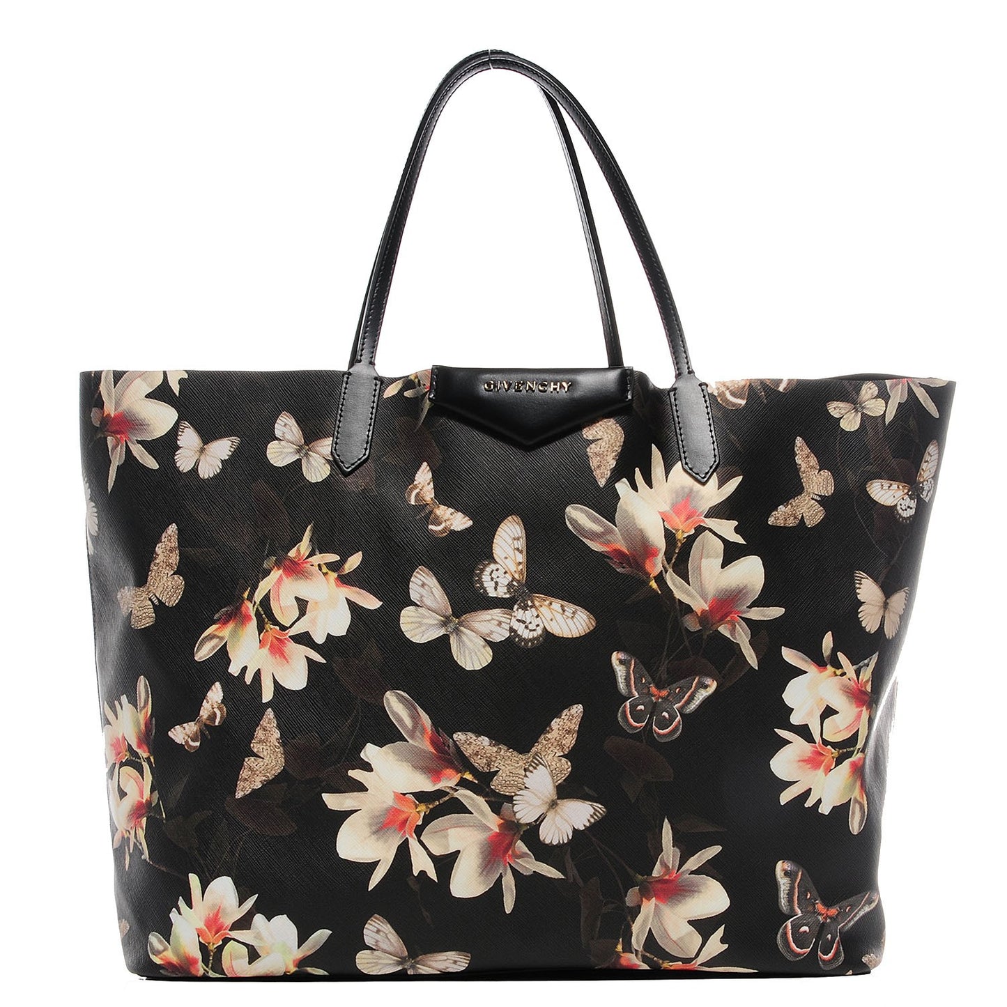 Textured Coated Canvas Magnolia and Moth Print Large Antigona Tote
