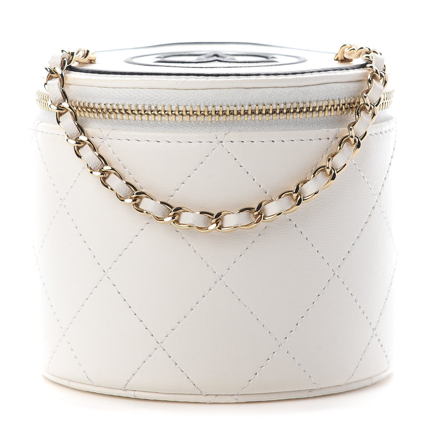 Lambskin Quilted Round Small Vanity Case With Chain White Black
