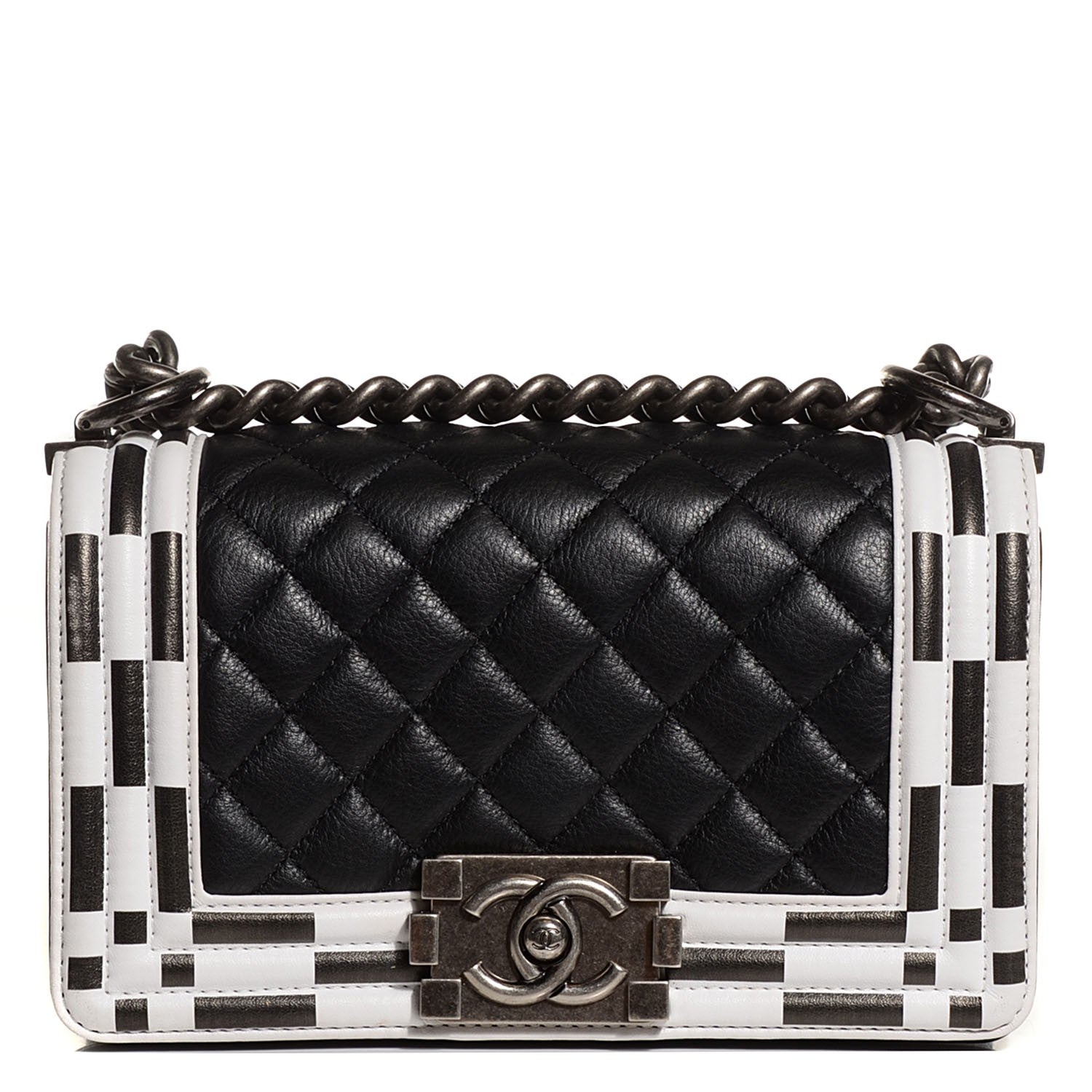 Chanel Calfskin Checkerboard Trim Small Boy Flap Black White 1 of 9