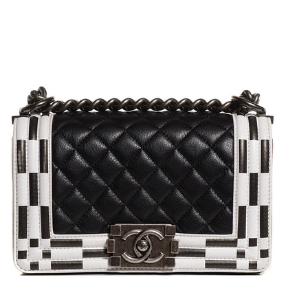 Chanel Calfskin Checkerboard Trim Small Boy Flap Black White 1 of 9