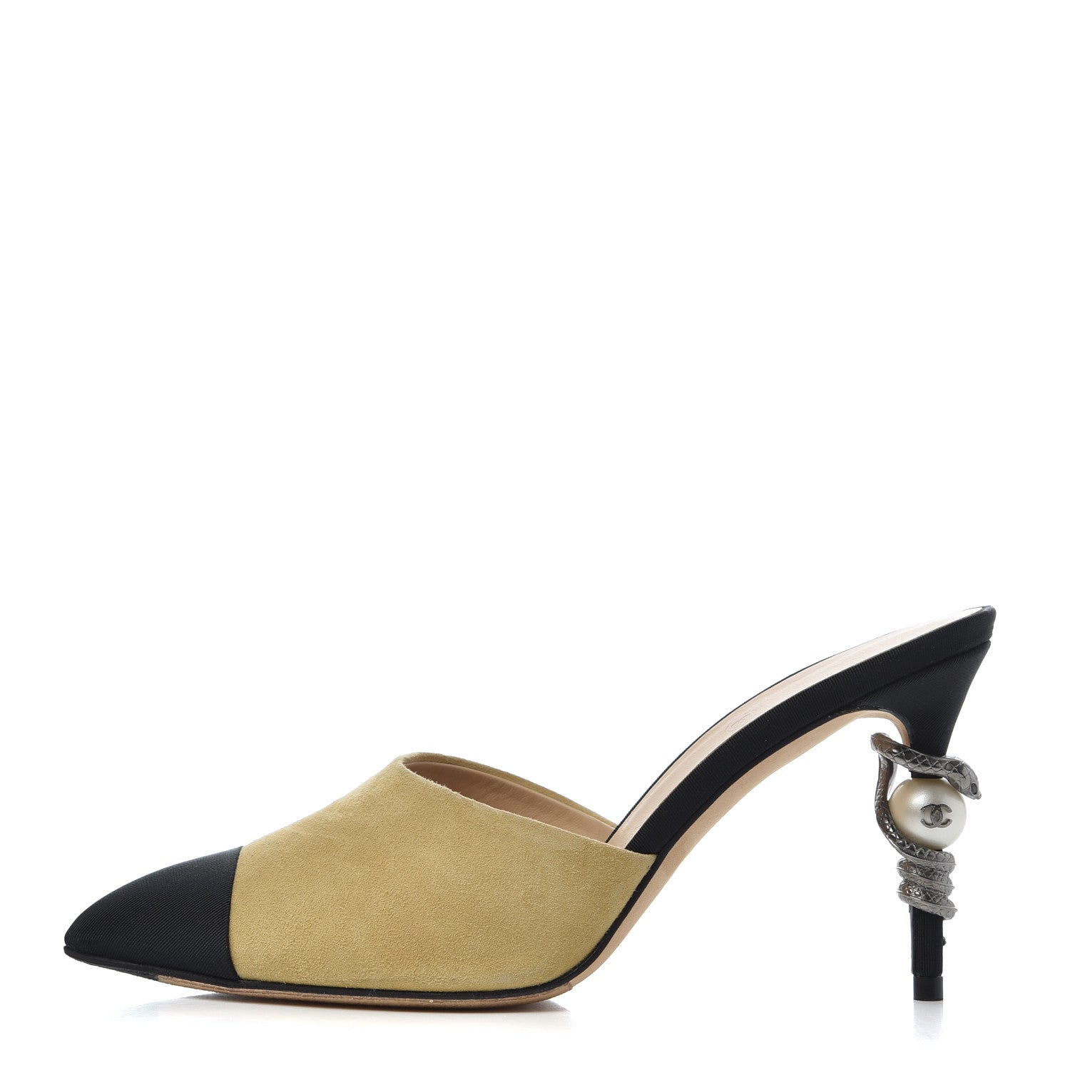 Chanel Suede Grosgrain Cap Toe Snake Pearl Mule 37.5 Beige Black 1 of 14