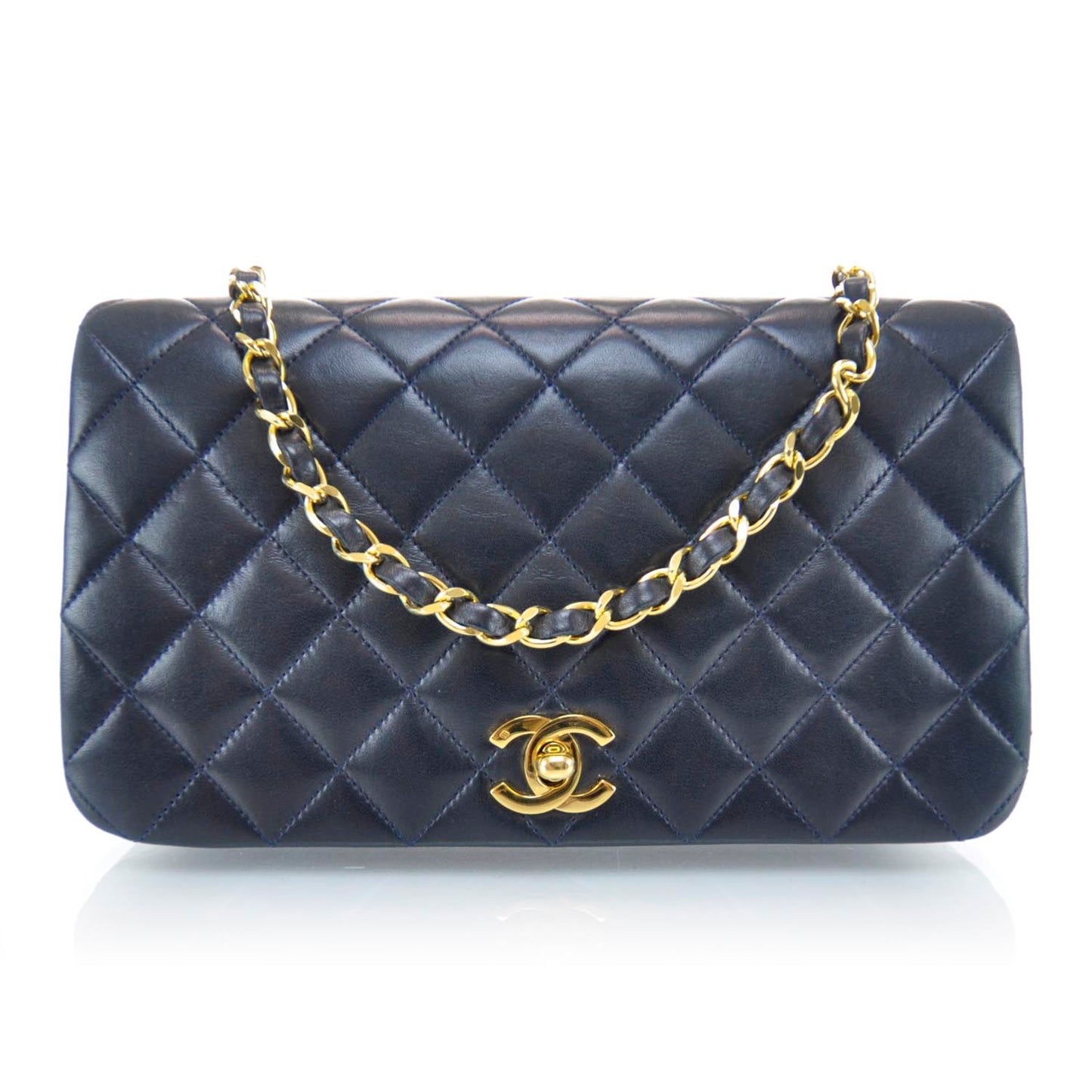 Lambskin Quilted Small Flap Navy Blue
