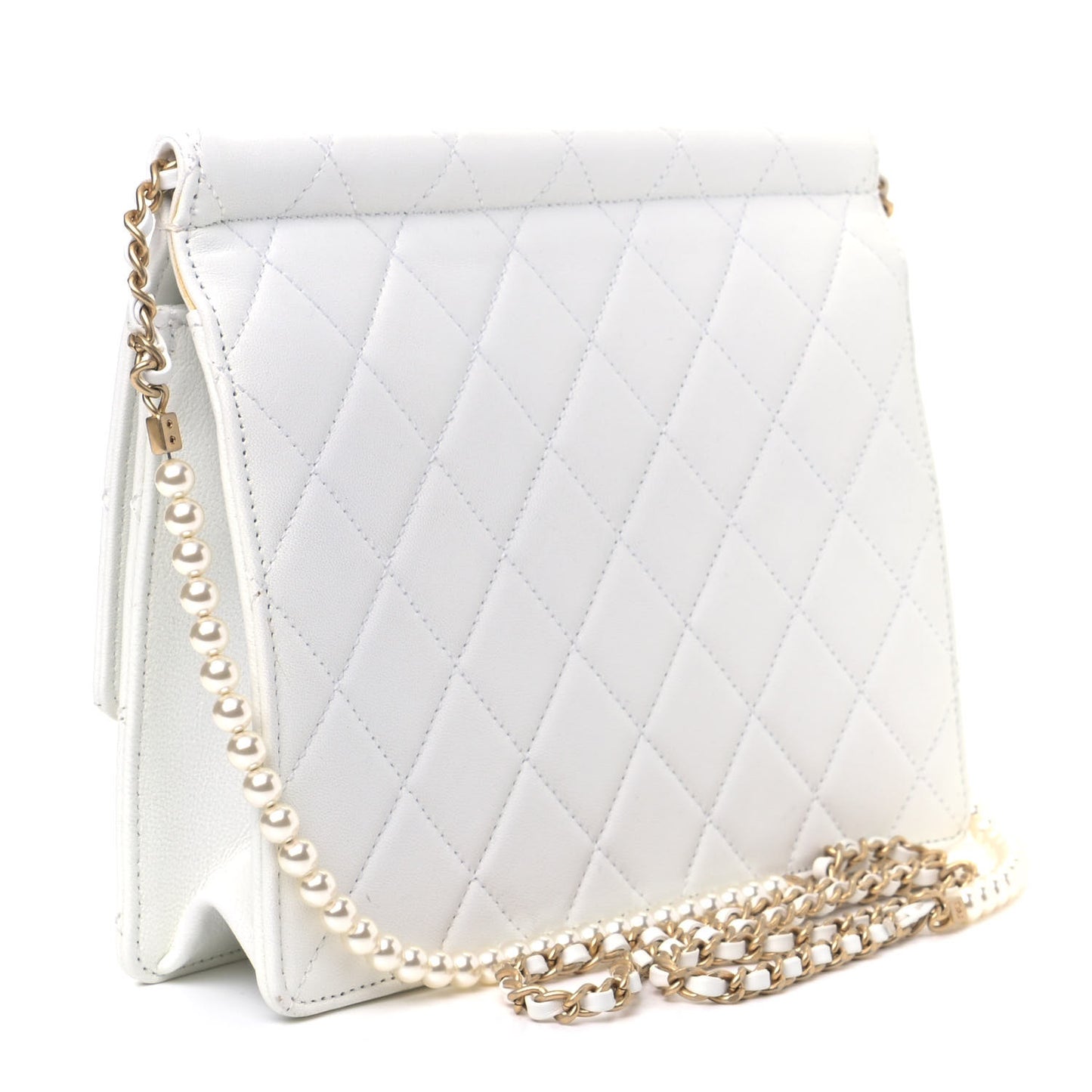 Lambskin Quilted Large Pearl Chain Flap Bag White