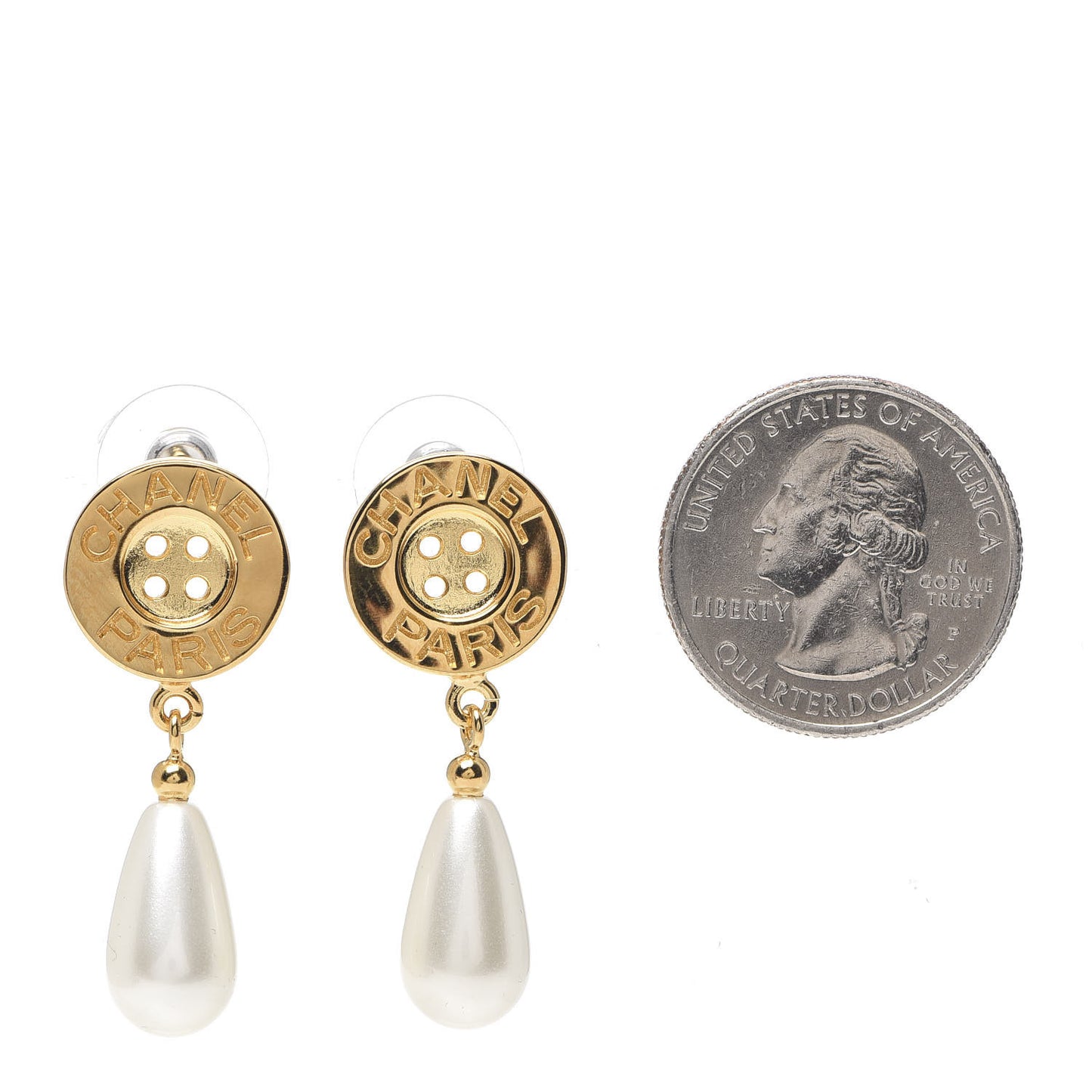 Metal Pearl Paris Button Drop Earrings Gold