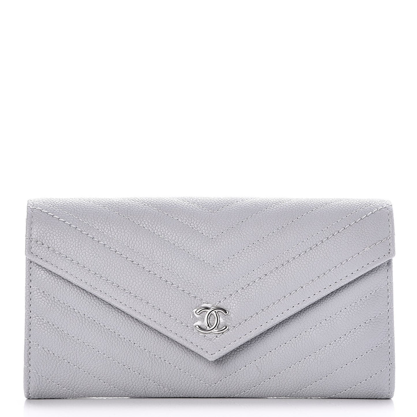 Caviar Chevron Quilted Large Gusset Flap Wallet Grey