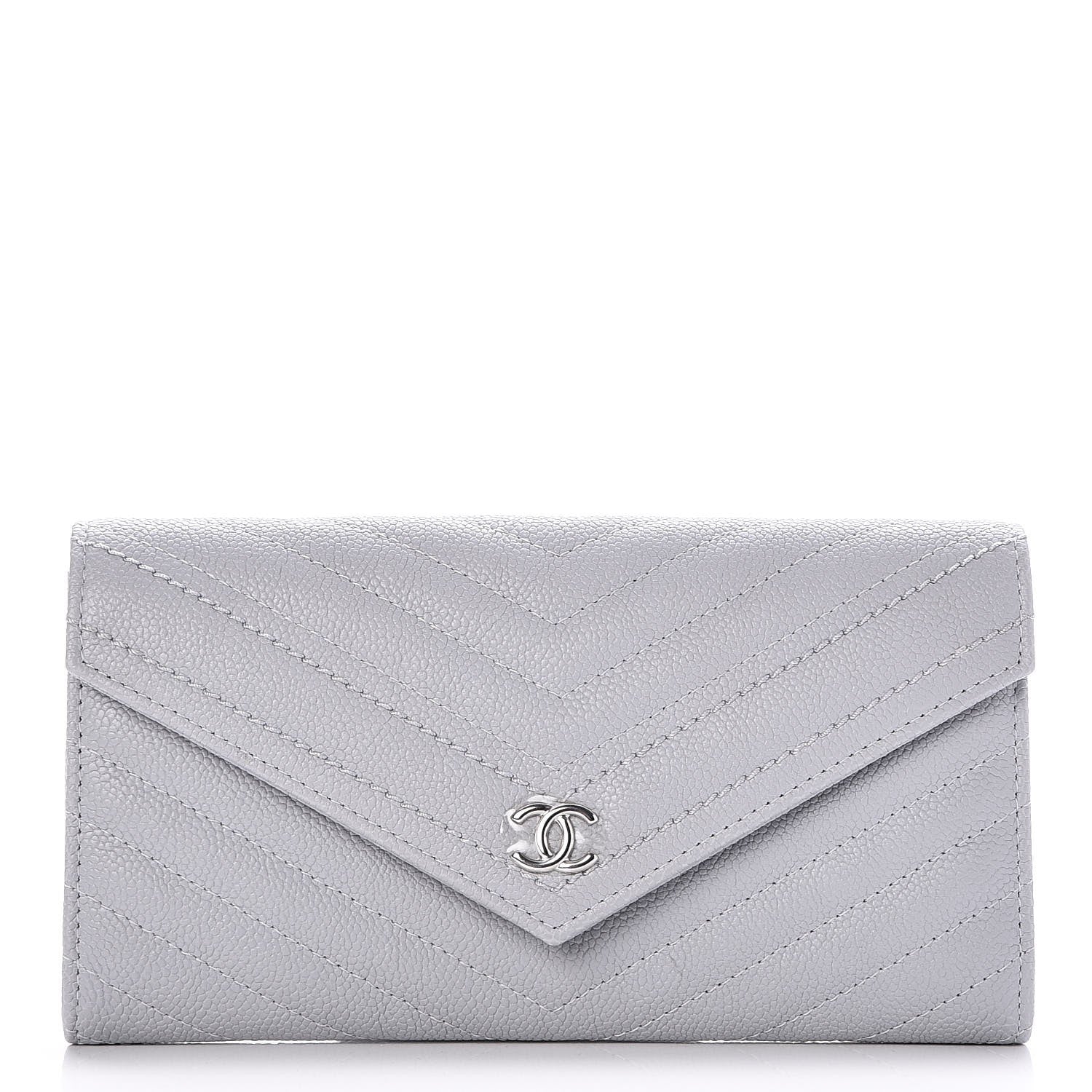 Chanel Caviar Chevron Quilted Large Gusset Flap Wallet Grey 1 of 9