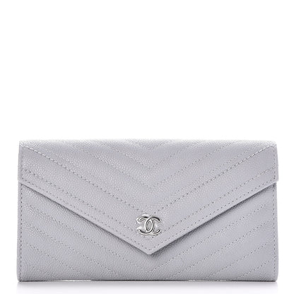 Chanel Caviar Chevron Quilted Large Gusset Flap Wallet Grey 1 of 9