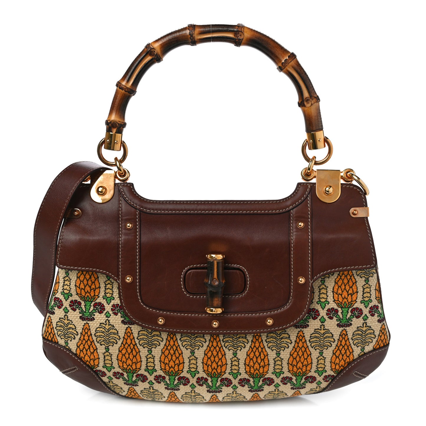 Canvas Pigna Print Peggy Bamboo Top Handle Bag Brown