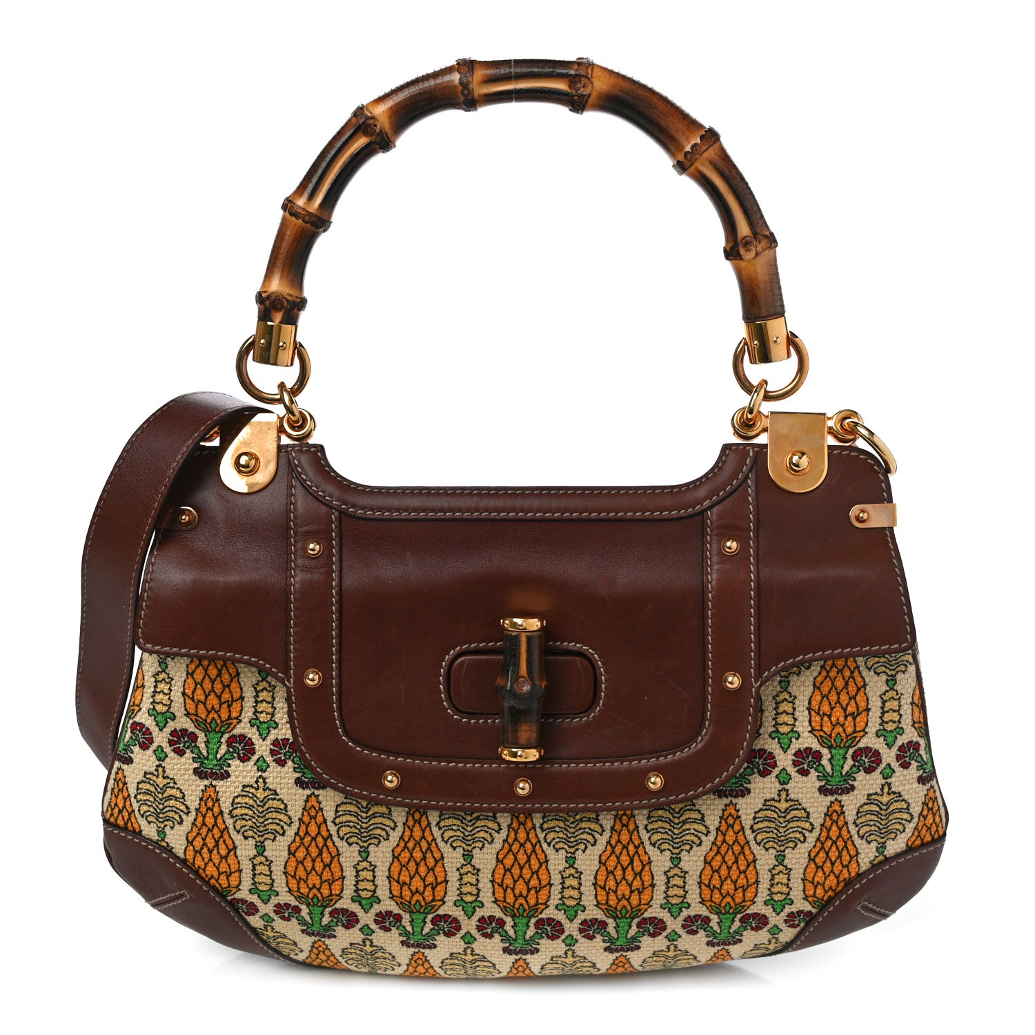 Gucci Canvas Pigna Print Peggy Bamboo Top Handle Bag Brown 1 of 12