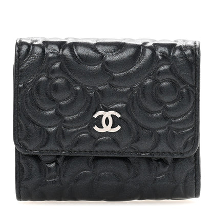 Chanel Lambskin Camellia Embossed Small Double Wallet Black 1 of 11