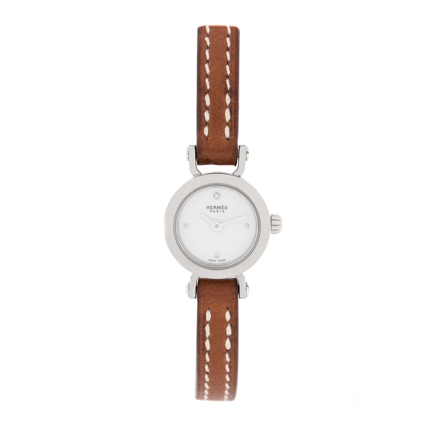 Hermes 18K White Gold Barenia Diamond 16mm Faubourg Quartz Watch Fauve 1 of 5