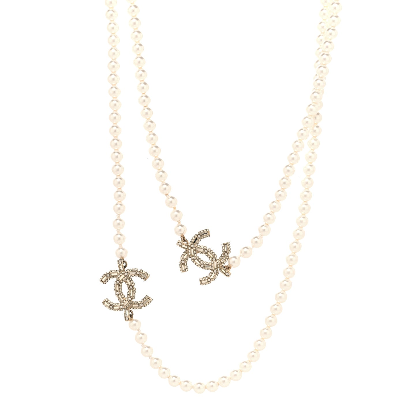 Pearl Baguette Crystal CC Long Necklace  Gold