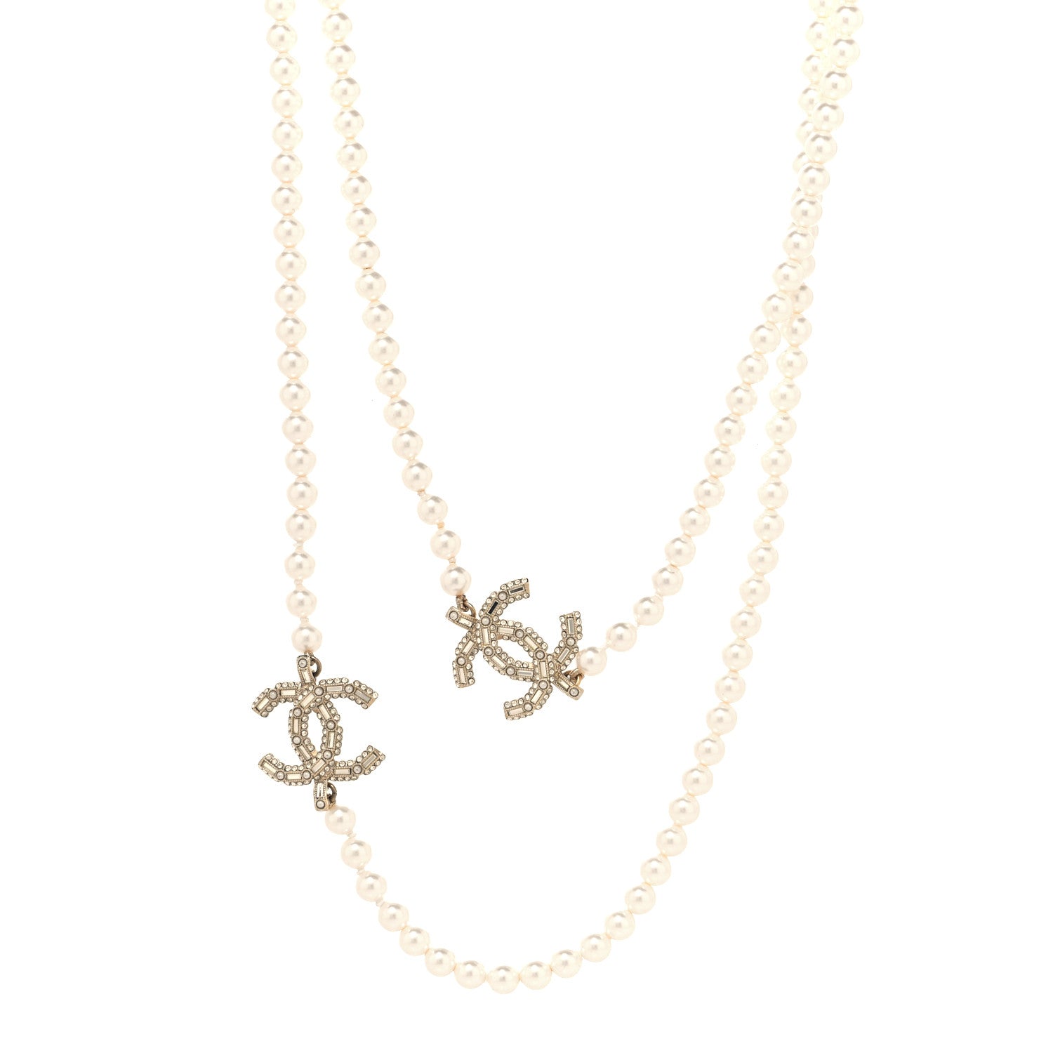 Chanel Pearl Baguette Crystal CC Long Necklace  Gold 1 of 5