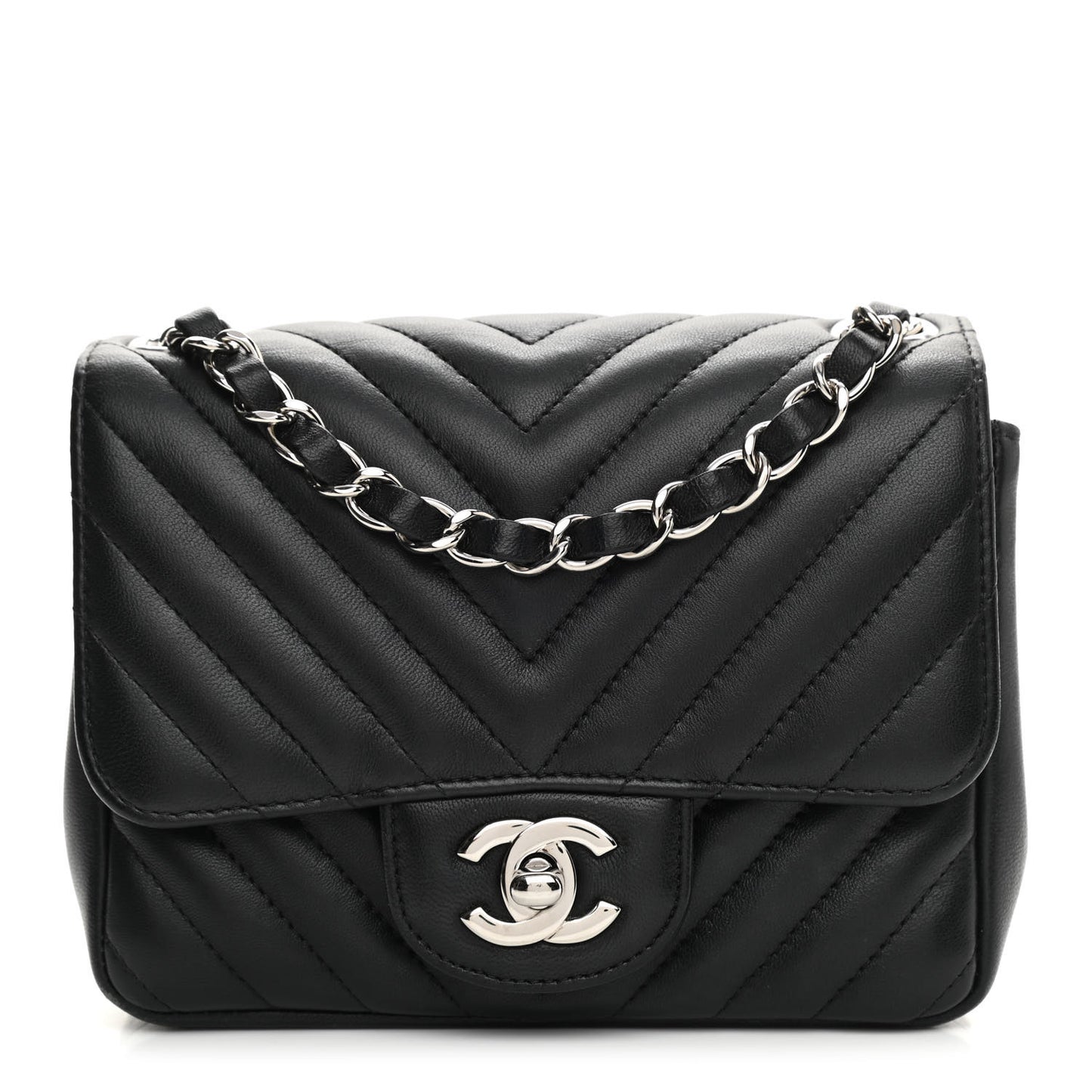 Lambskin Chevron Quilted Mini Square Flap Black