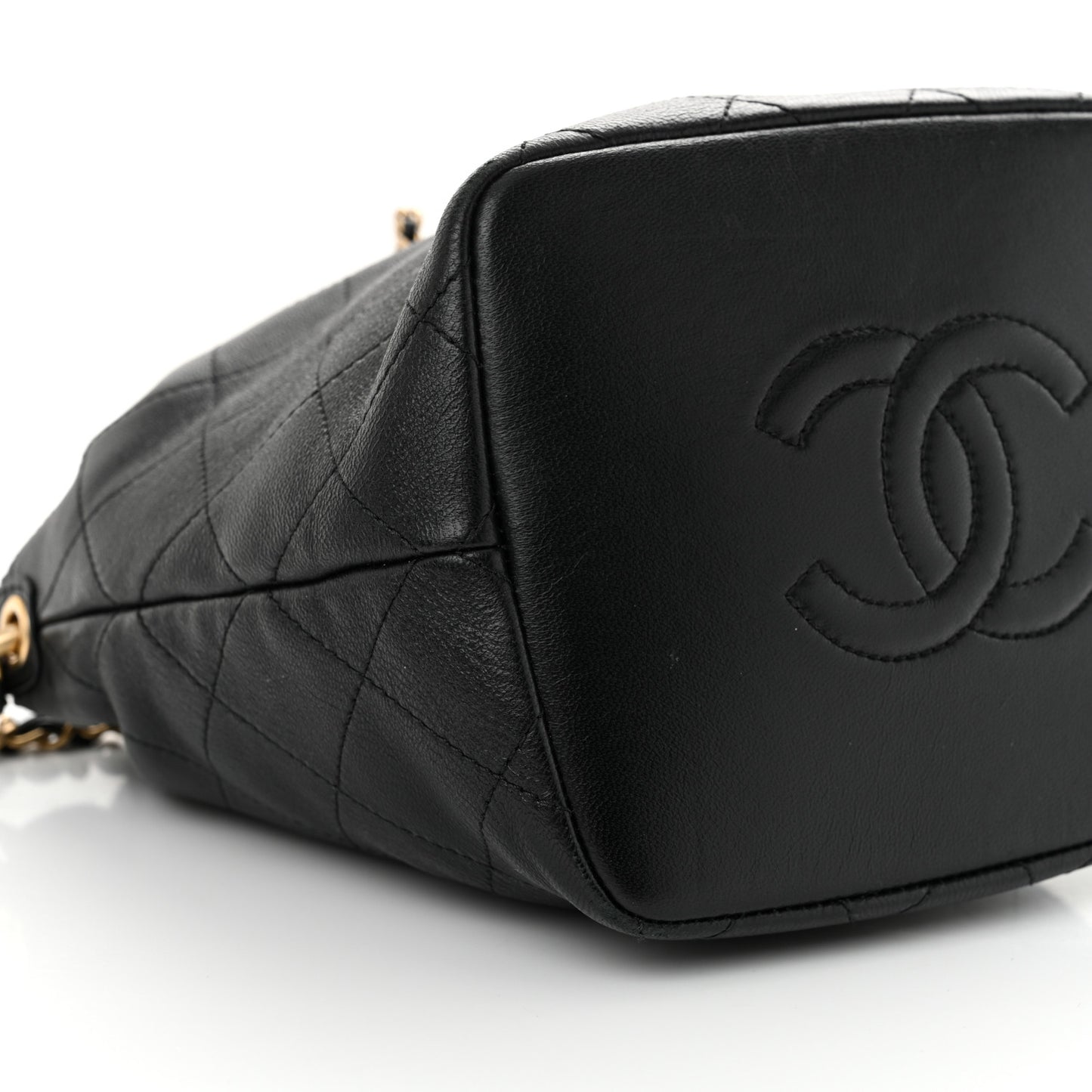 Lambskin Stitched Drawstring Bucket Bag Black