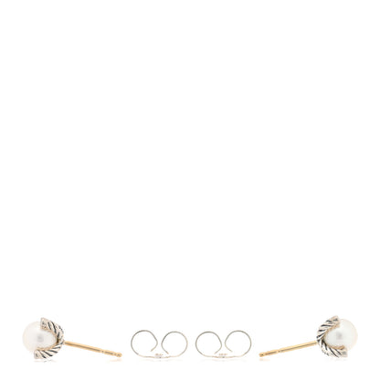 David Yurman Sterling Silver Diamond Cultured Pearl 6-6.5mm Cable Stud Earrings 3 of 4