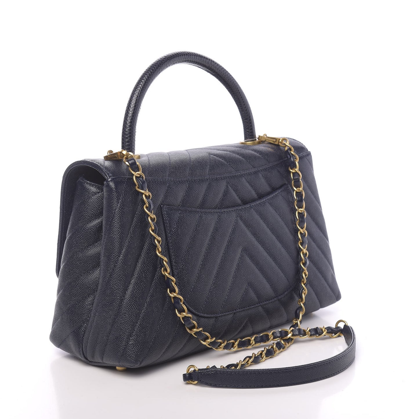 Caviar Chevron Quilted Small Coco Handle Flap Navy