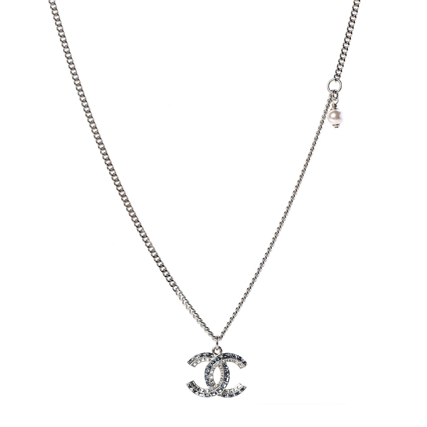 Crystal Baguette CC Pendant Necklace Silver Blue