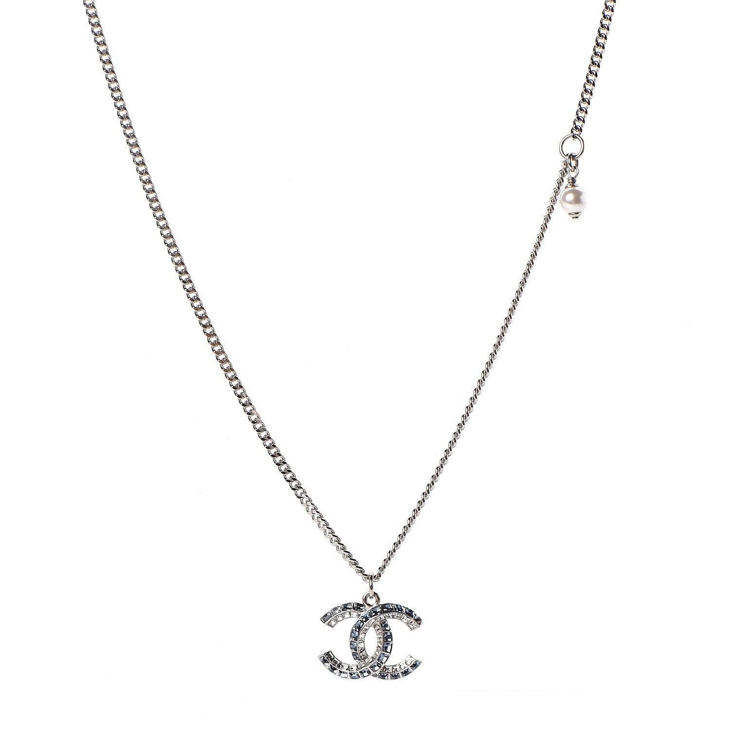 Chanel Crystal Baguette CC Pendant Necklace Silver Blue 1 of 4