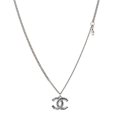 Chanel Crystal Baguette CC Pendant Necklace Silver Blue 1 of 4