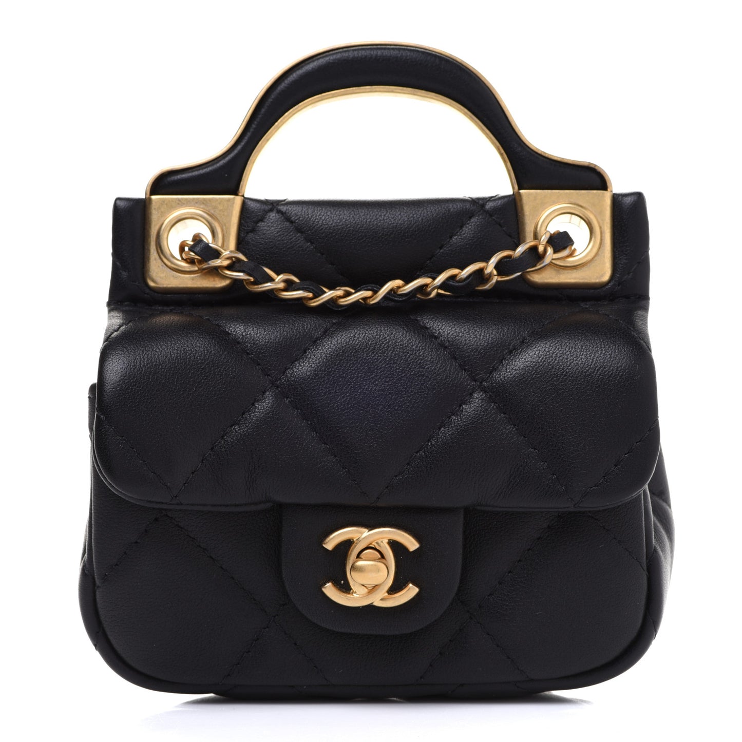Calfskin Quilted Lady Handle Flap Card Holder With Chain Black