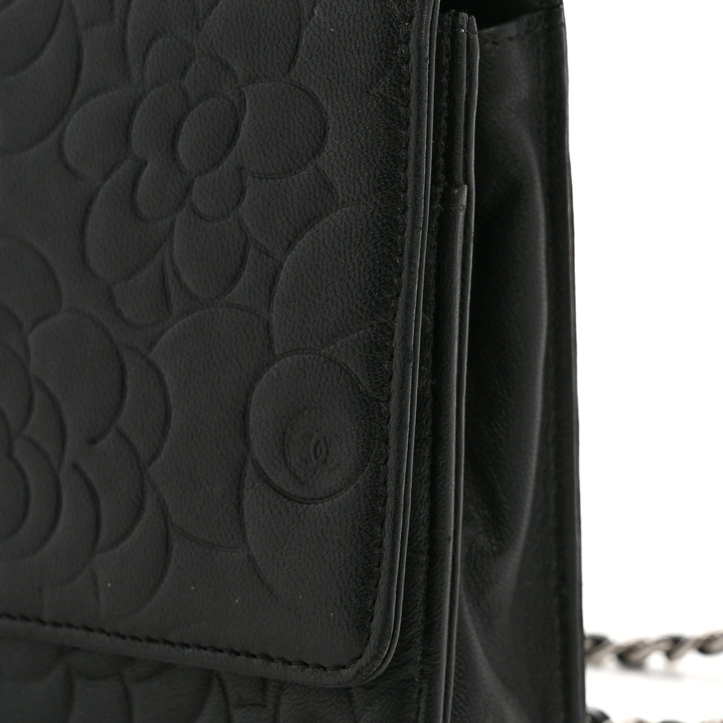 Lambskin Camellia Embossed Wallet On Chain WOC Black