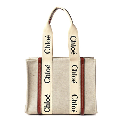 Chloe Cotton Calfskin Large Woody Ribbon Tote White Brown 1 of 11