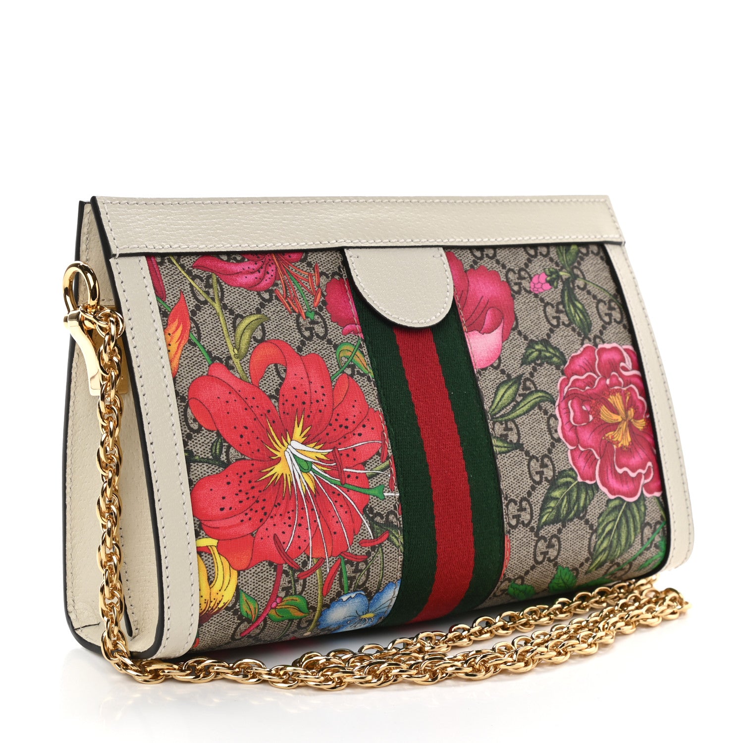 Gucci GG Supreme Monogram Flora Web Small Ophidia Chain Shoulder Bag White 3 of 9