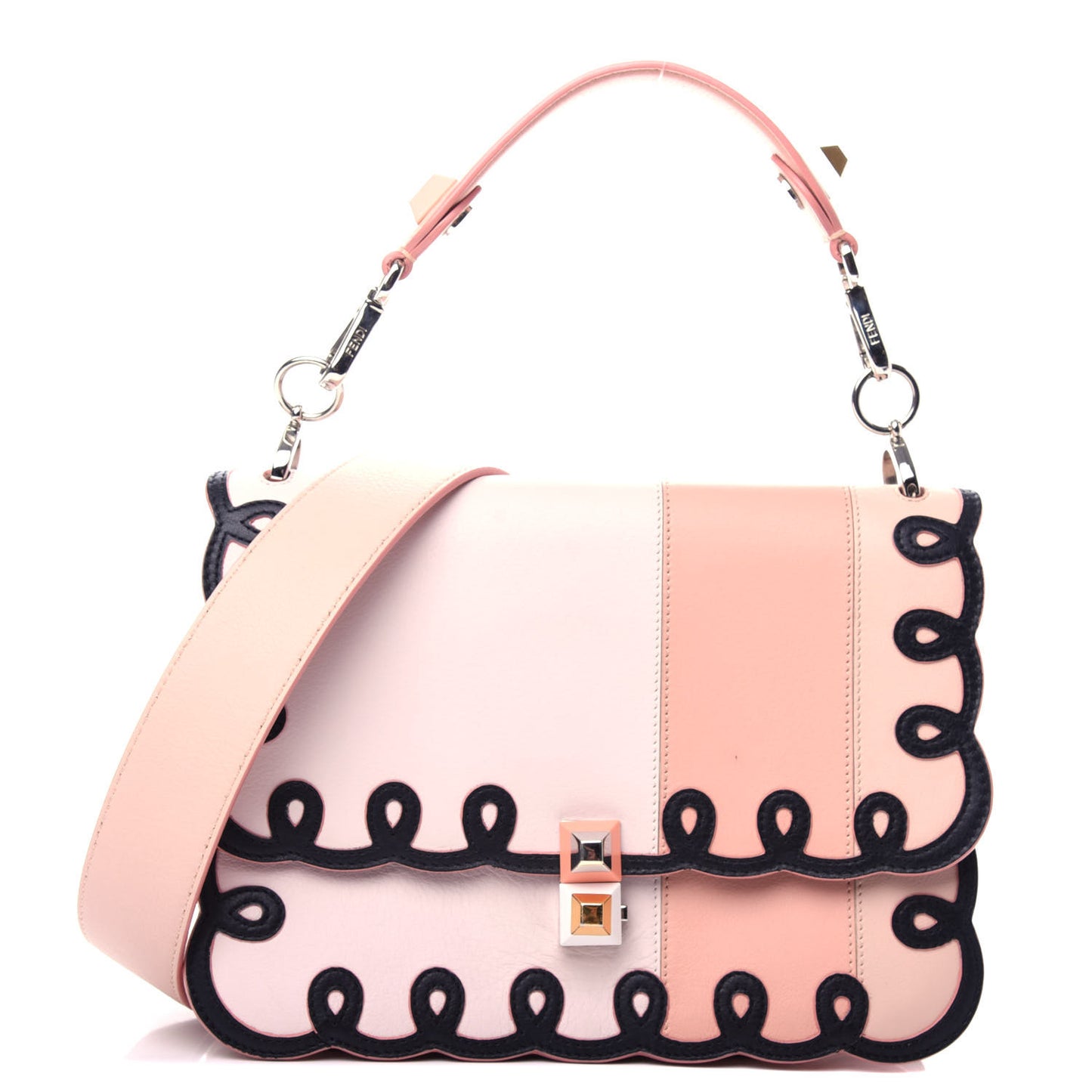 Vitello Dolce Scalloped Studded Scrollwork Kan I Shoulder Bag Plaster Black