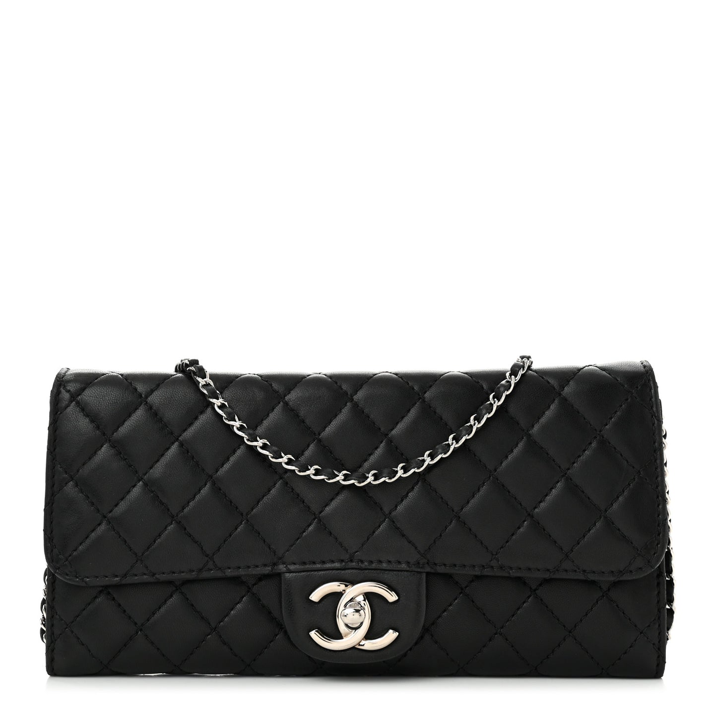 Lambskin Quilted East West Flap Clutch  Black