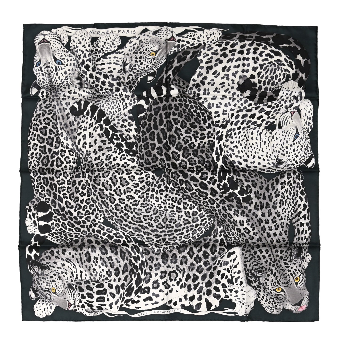 Silk Twill Lazy Leopardesses Scarf 90 Vert Black Gris
