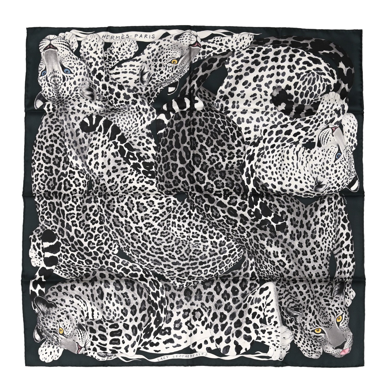 Hermes Silk Twill Lazy Leopardesses Scarf 90 Vert Black Gris 1 of 6