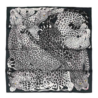 Hermes Silk Twill Lazy Leopardesses Scarf 90 Vert Black Gris 1 of 6