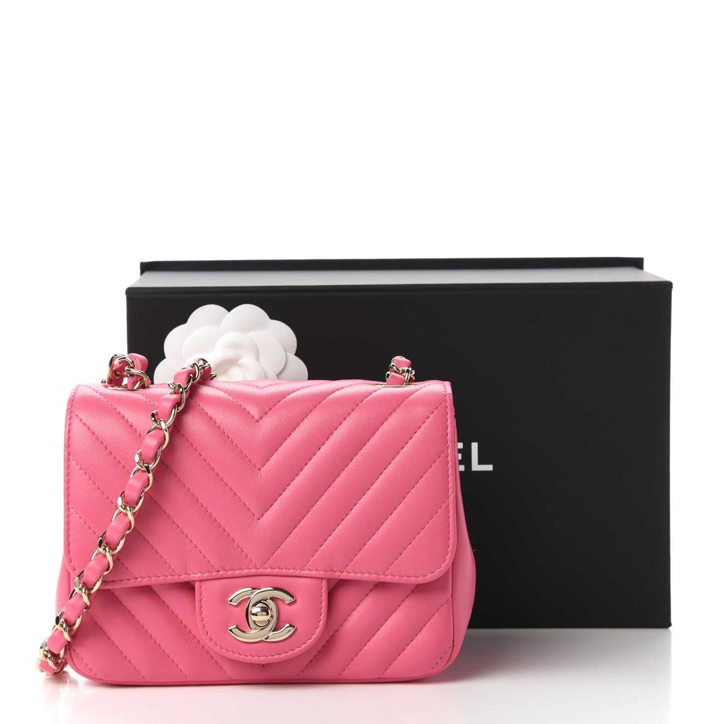 Lambskin Chevron Quilted Mini Square Flap Pink