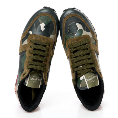 Valentino Garavani Nappa Fabric Suede Camouflage Womens Rockrunner Sneakers 37 Army Green Platino 2 of 9