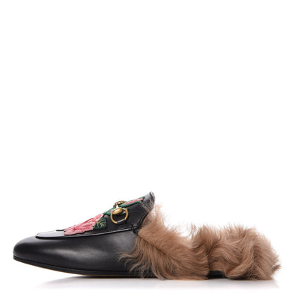 Gucci Calfskin Fur Flower Embroidered Womens Princetown Slippers 36.5 Black 1 of 8