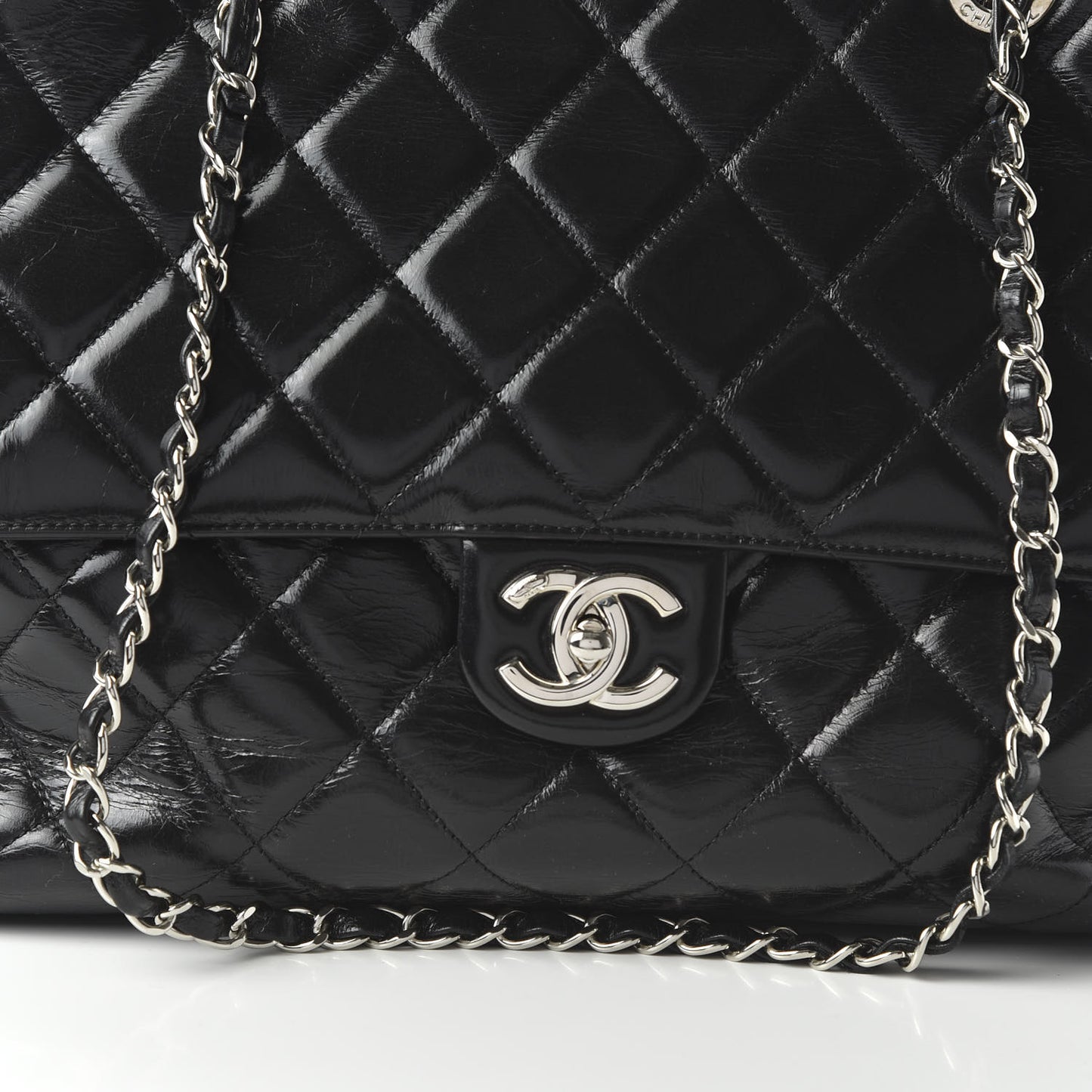 Glazed Calfskin Quilted Large CC Delivery Tote Black
