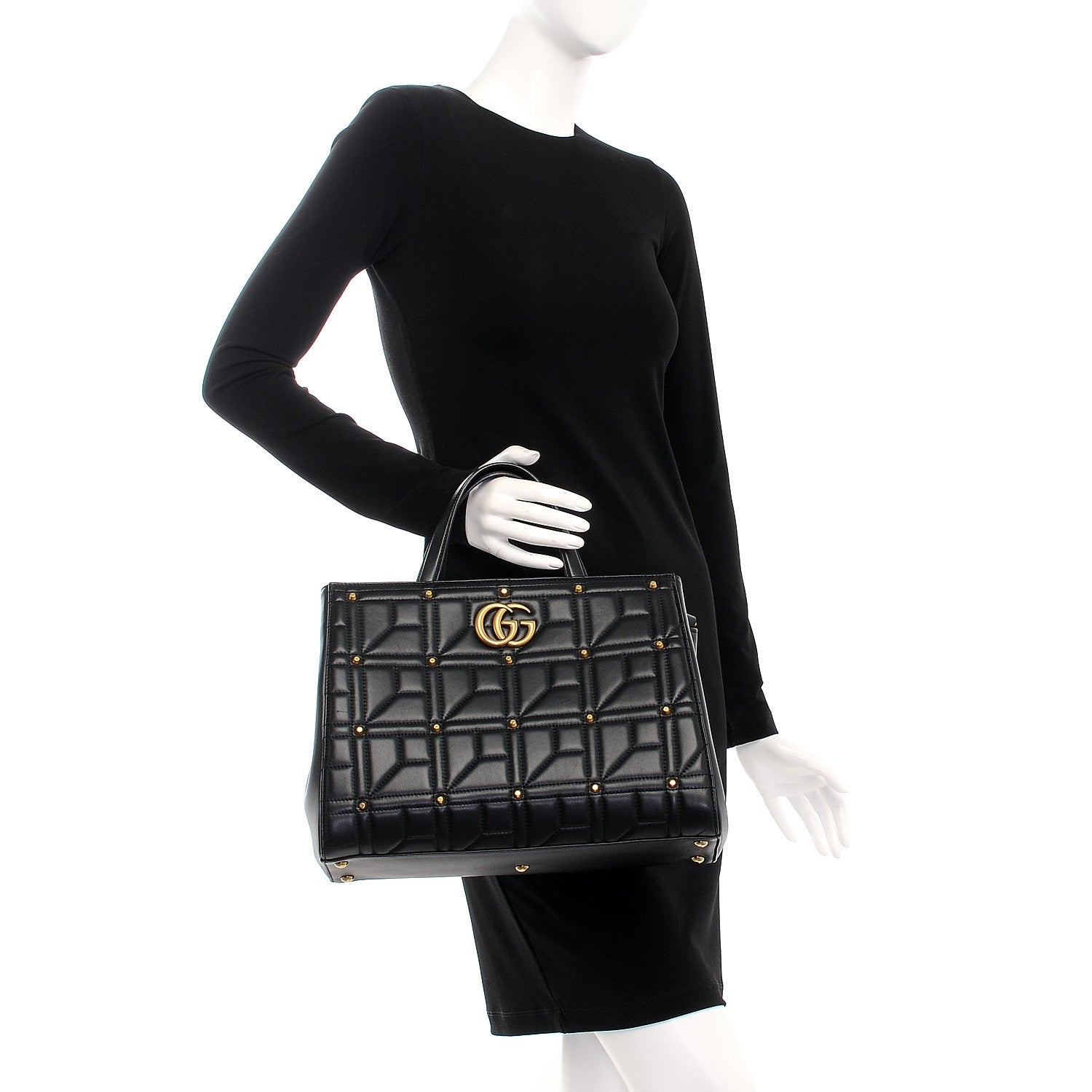 Gucci Calfskin Matelasse Studded Medium GG Marmont Tote Black 3 of 9