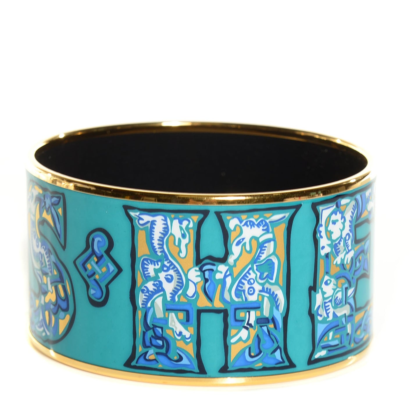 Enamel Printed Alphabet Russe Extra Wide Bracelet 70 Turquoise Bleu Kaki Jaune