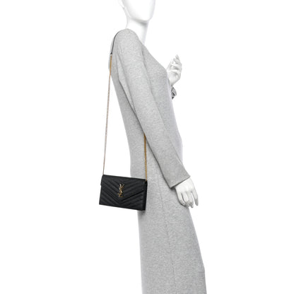 Saint Laurent Grain De Poudre Matelasse Chevron Monogram Envelope Chain Wallet Black 2 of 10
